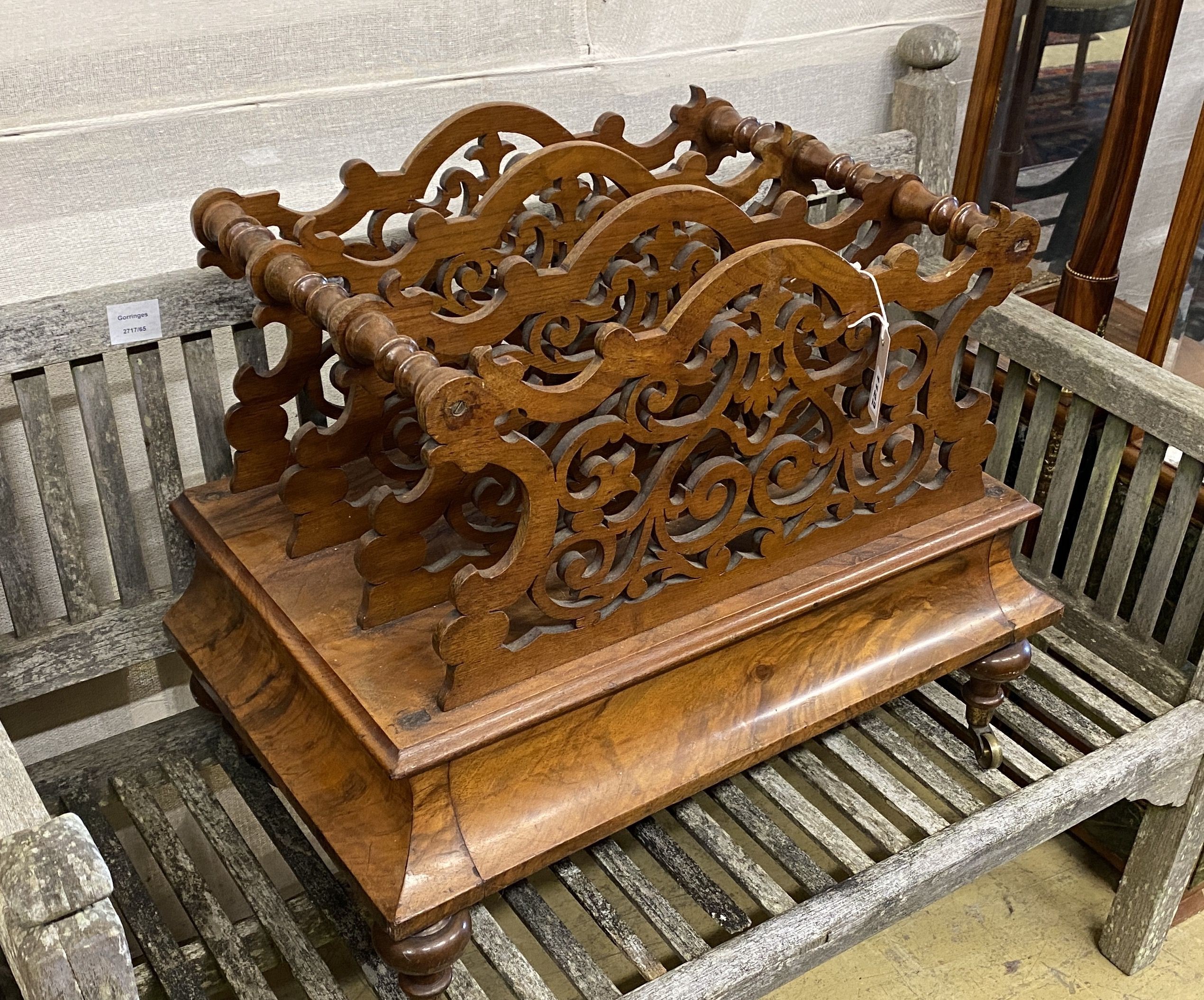 A Victorian figured walnut three divisioin Canterbury, width 65cm, depth 41cm, height 54cm