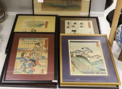 Japanese School, eight assorted woodblock prints including works by Kuniyoshi and Hiroshige, largest