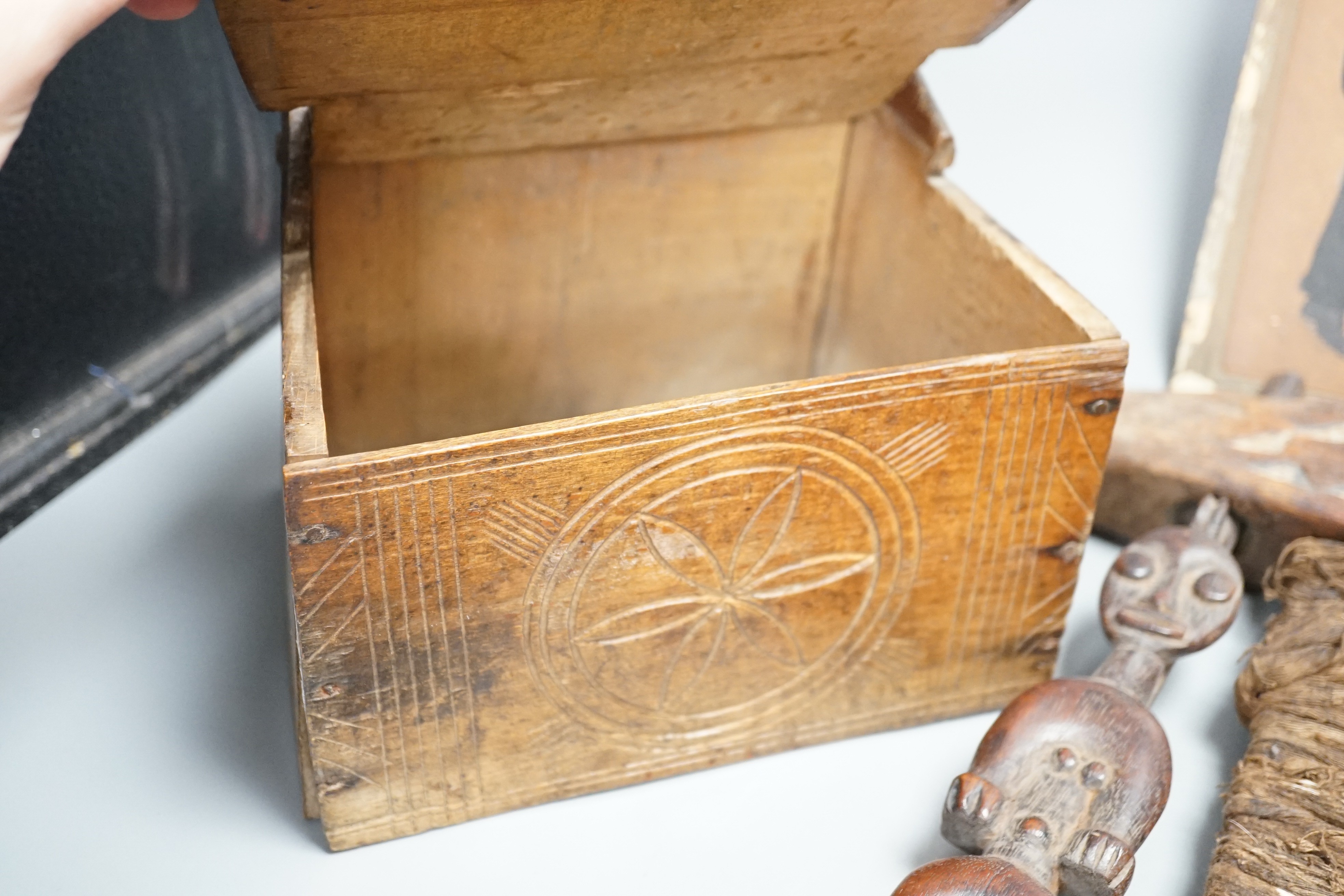 African carved wood instrument, chip carved beech box, a GWR brass wall lamp and a pair of oil - Image 4 of 10