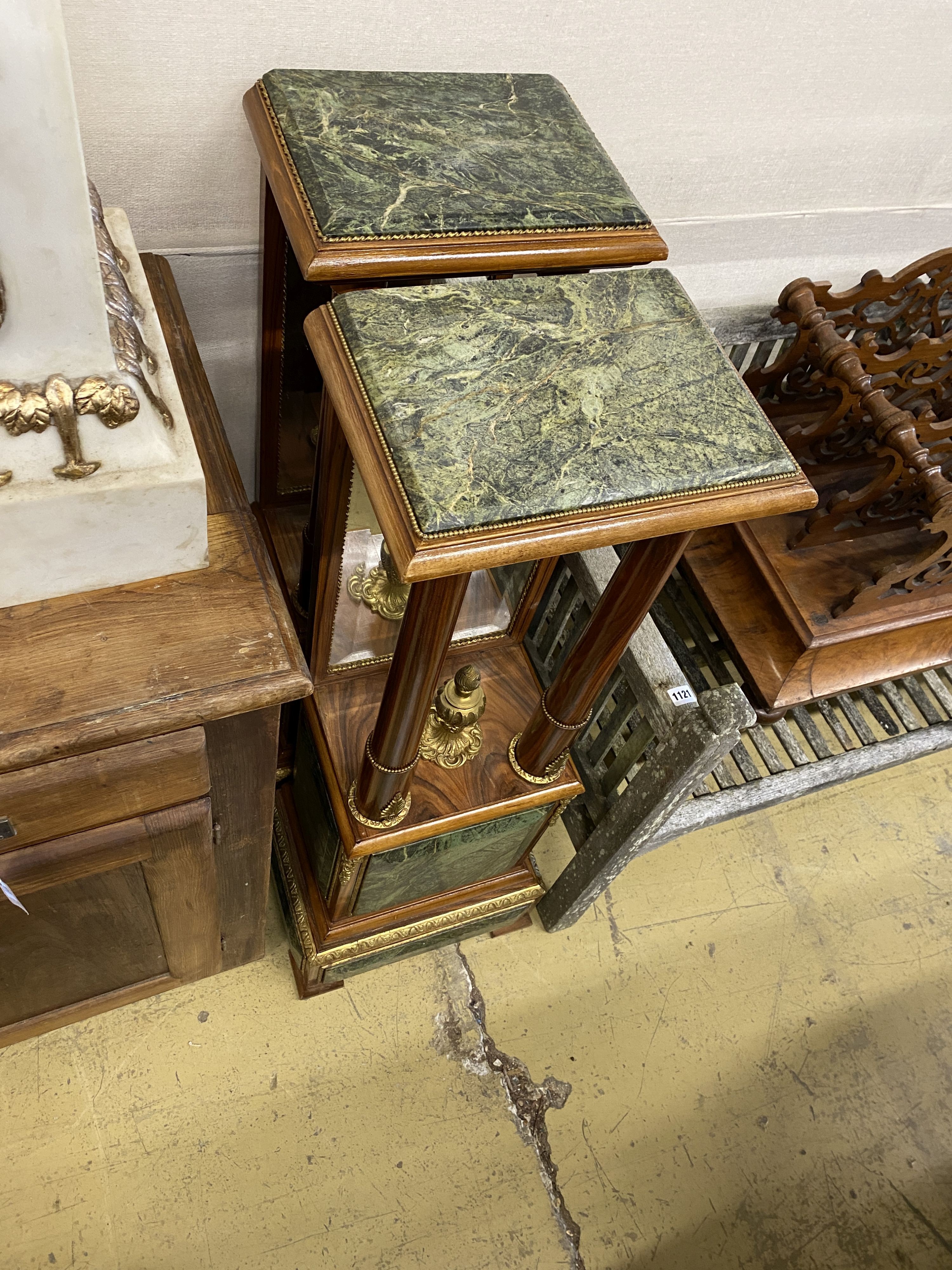 A pair of Empire style gilt metal mounted walnut mirrored pier tables, width 34cm, depth 24cm, - Image 3 of 3