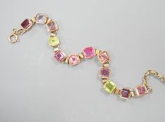 A modern 9k yellow metal and multi gem set bracelet, overall 24cm, gross weight 19.5 grams,stones