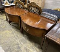 A pair of Edwardian satinwood banded mahogany bow front side cabinets, width 90cm, depth 60cm,