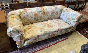 A Victorian drop end Chesterfield settee with Colefax & Fowler upholstery, length 200cm, depth 88cm,