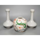 A Chinese enamelled porcelain 'dragon' jar and two crackleglaze bottle vases, tallest 19cm