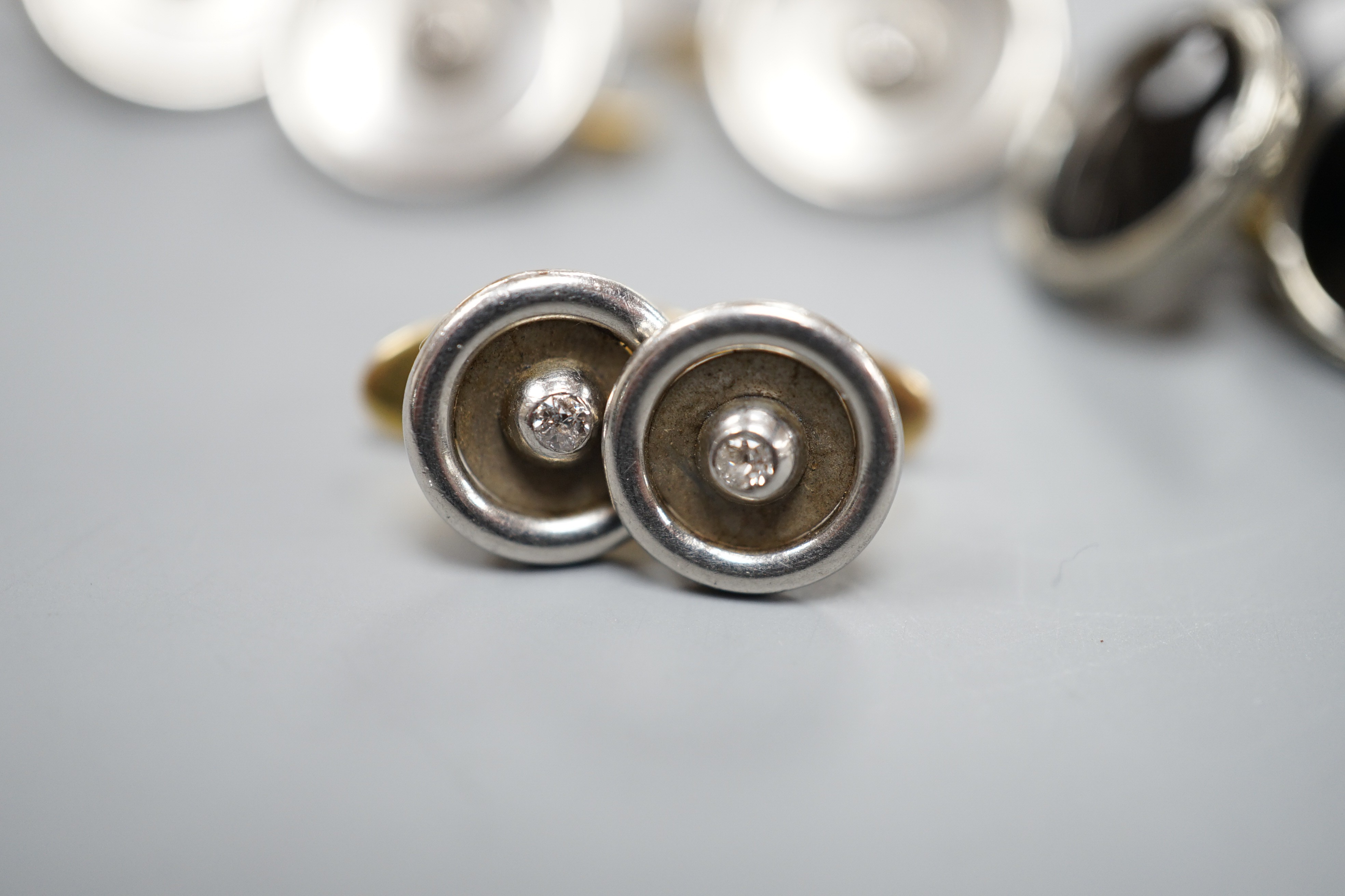 A pair of small pair of yellow and white metal diamond set cufflinks and four similar dress studs - Image 2 of 6