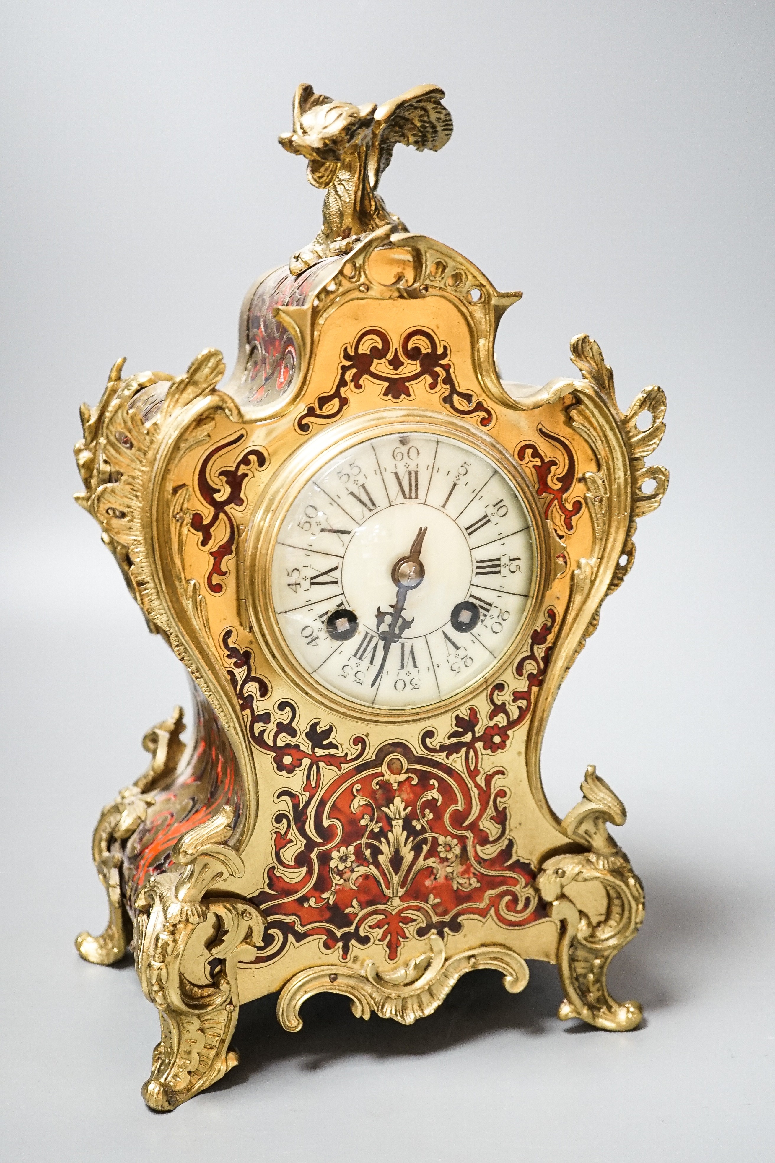 A 19th century French scarlet boulle work 8 day mantel clock 30cm - Image 2 of 6