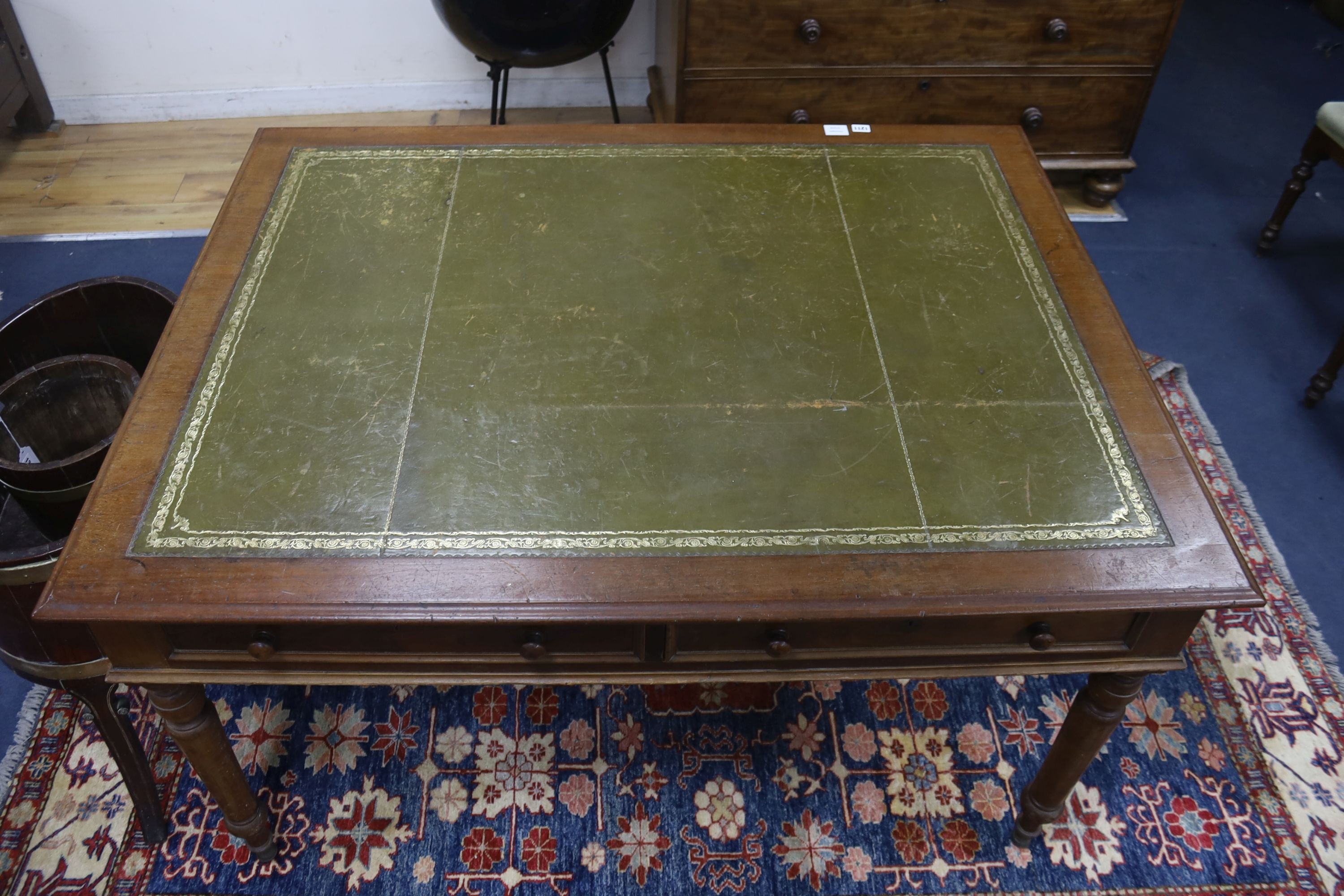 A Victorian style mahogany leather-topped partner’s desk, length 138cm, depth 106cm, height 75cm - Image 3 of 3