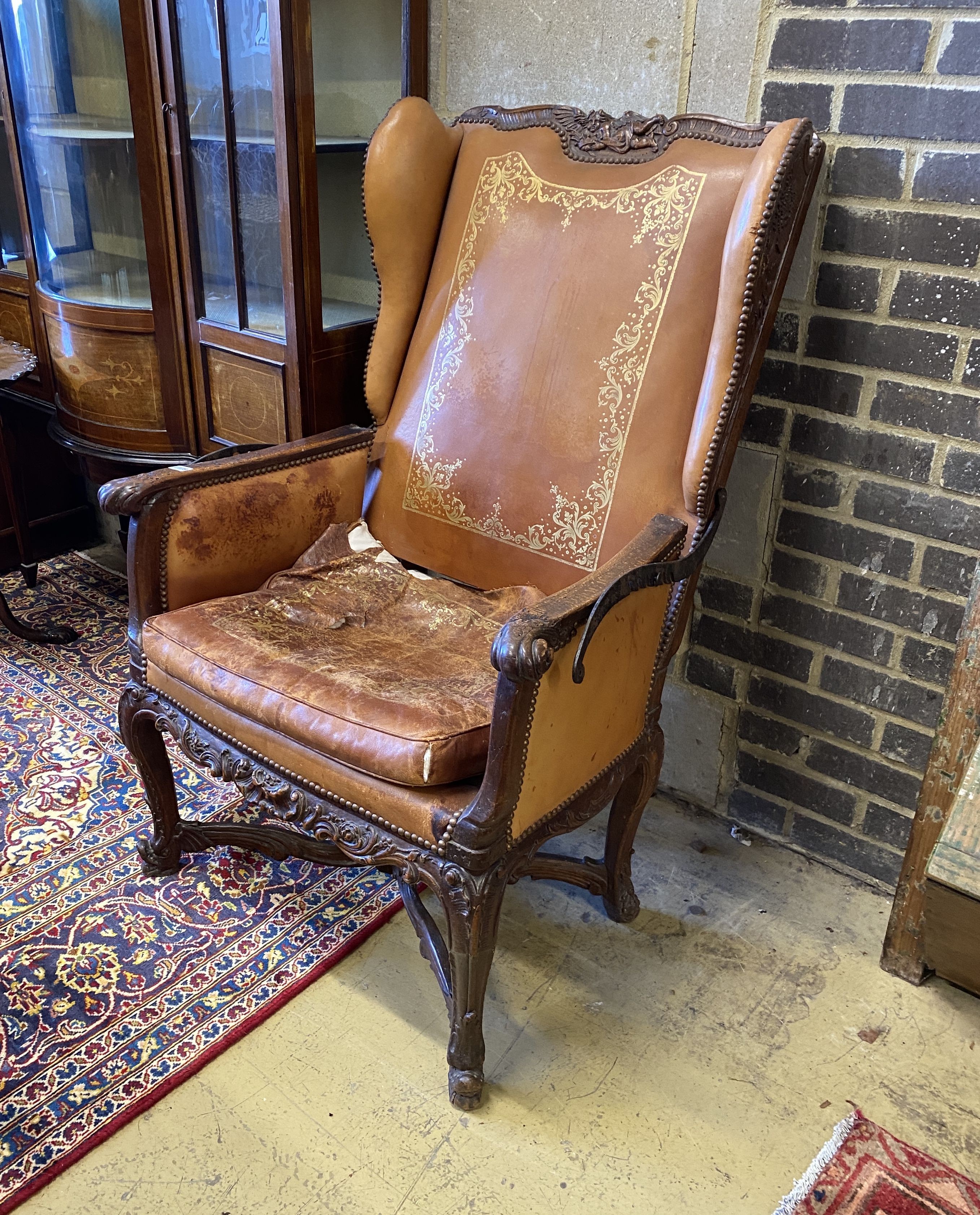 A 19th century French carved beech reclining armchair with original gilt leather upholstery, width - Image 3 of 3