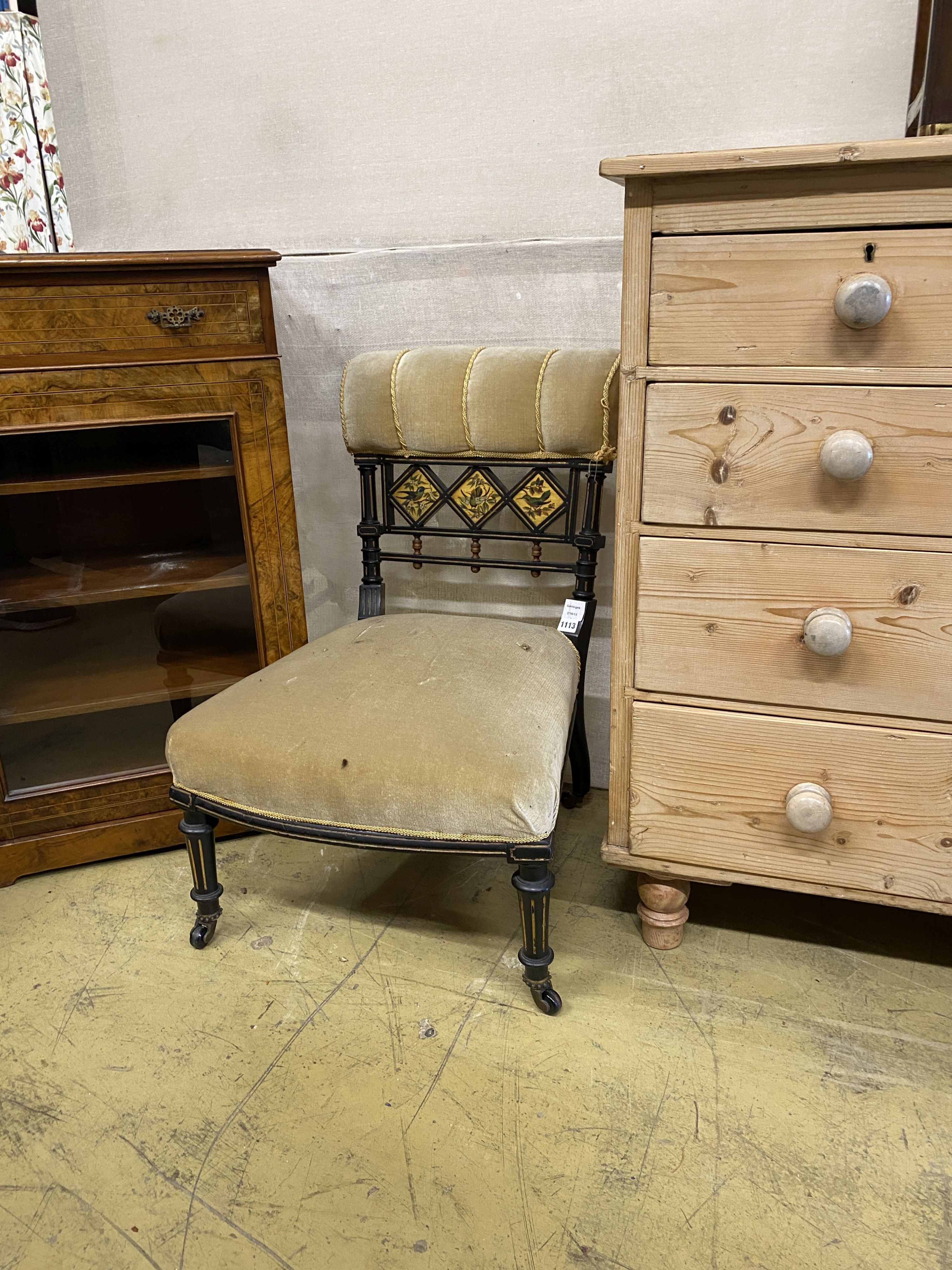 A late Victorian Aesthetic Movement painted ebonised salon chair decorated with song birds, width - Image 3 of 3