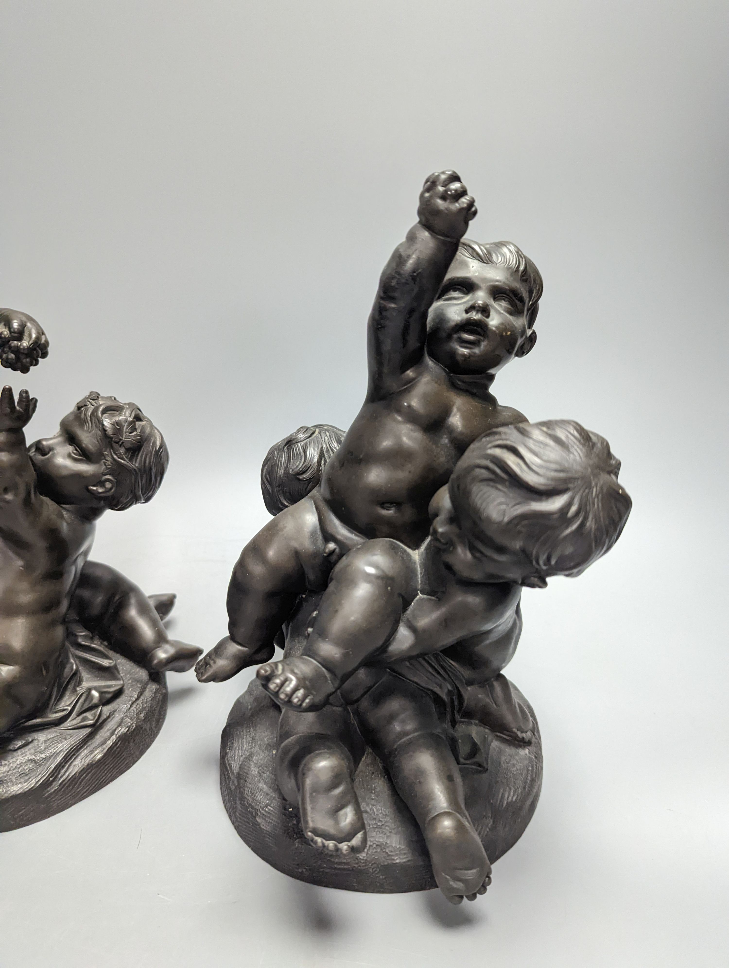 After Clodion, a pair of early 20th century bronze groups of putto, tallest 25cm - Image 3 of 3