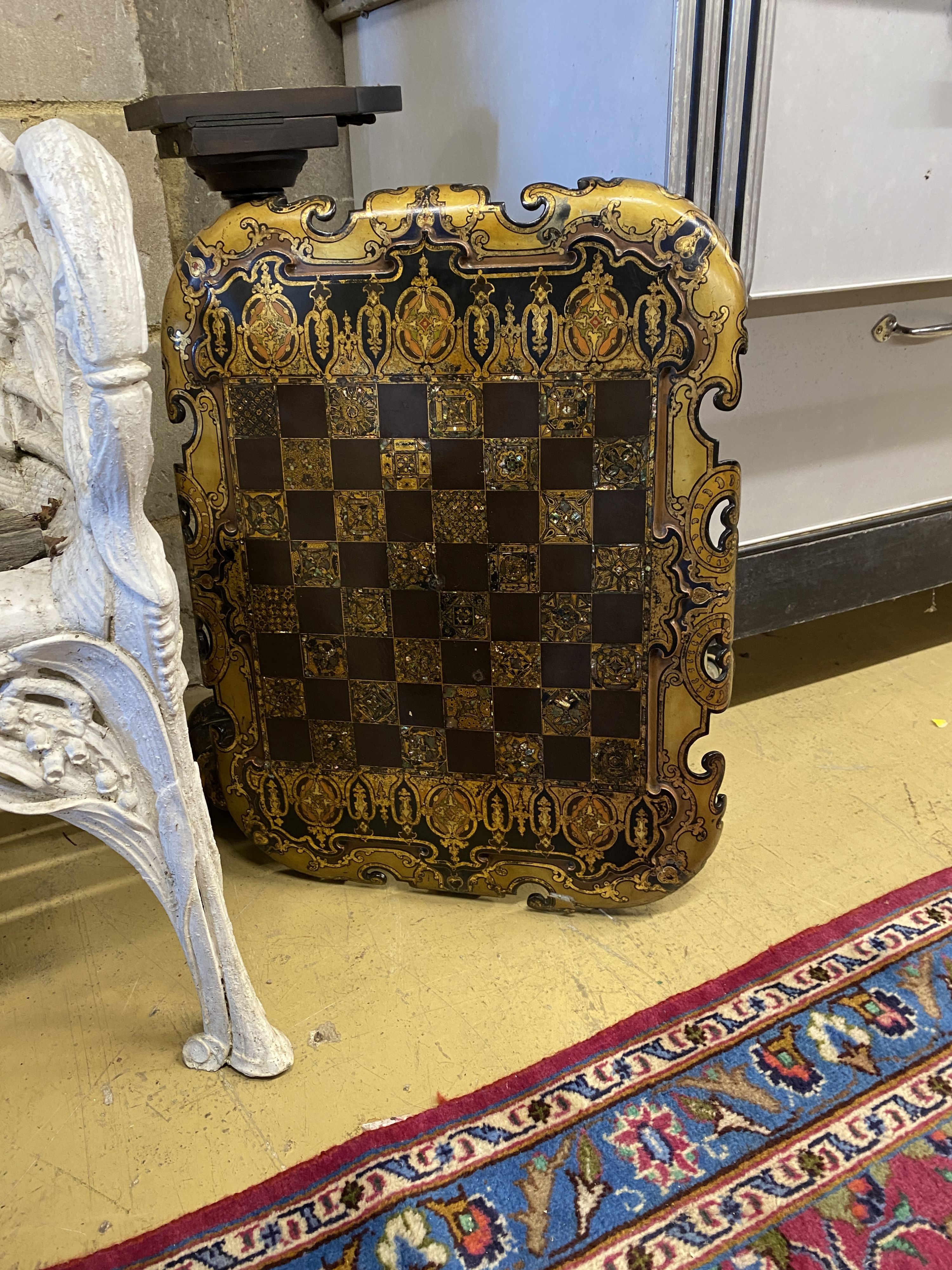 A Victorian Jennens and Bettridge papier mache tilt top games table, width 63cm, depth 50cm, - Image 2 of 2