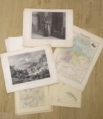 A group of assorted 19th century engravings, including topography and maps, largest 47 x 36cm,