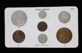 George V specimen set of seven coins, 1934, fourth coinage,comprising halfcrown, shilling, sixpence,