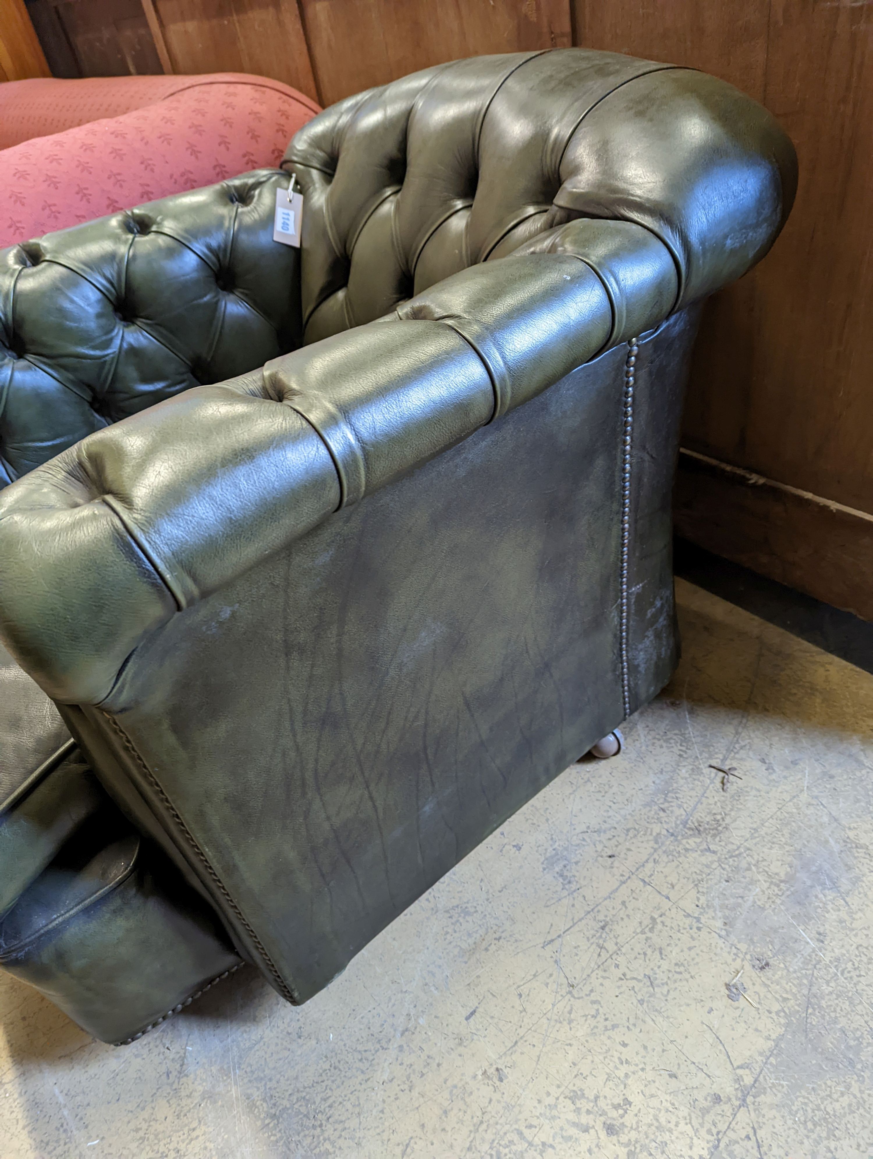 A Victorian style buttoned green leather club armchair, width 85cm, depth 100cm, height 72cm - Image 2 of 8
