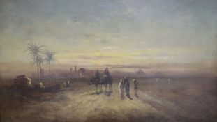 A. Clayton, oil on board, Egyptian landscape with pyramids in the distance, 35 x 61cm