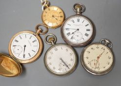 A collection of assorted pocket watches, including 1940's military, an 18k fob watch (gross 40.