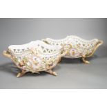 Two similar late 19th century Meissen floral encrusted pierced porcelain bowls 27cm