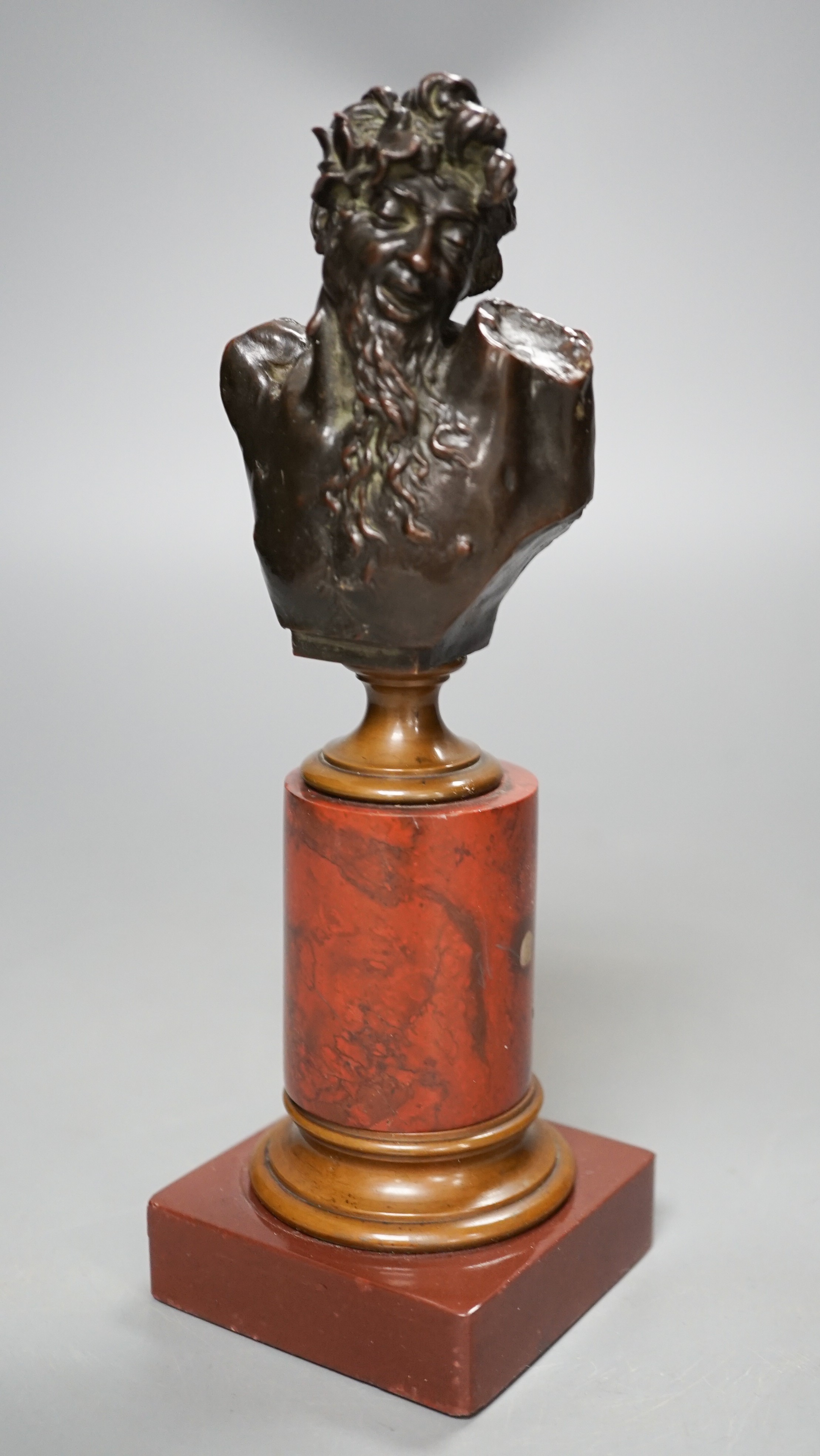 A bronze bust of Dionysus on a red marble stand circa 1900, 21cm