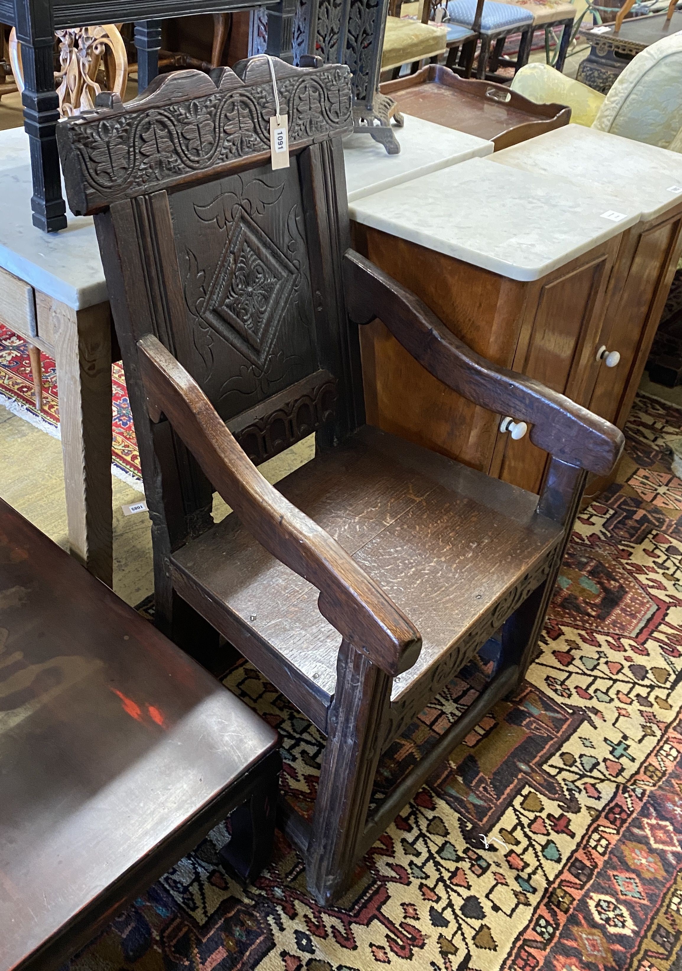 A 17th century and later oak wainscot chair, width 56cm, depth 54cm, height 100cm - Image 3 of 3