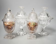 Two pairs of 19th century cut glass glass sweetmeat jars and covers (one a.f.), tallest 25 cms