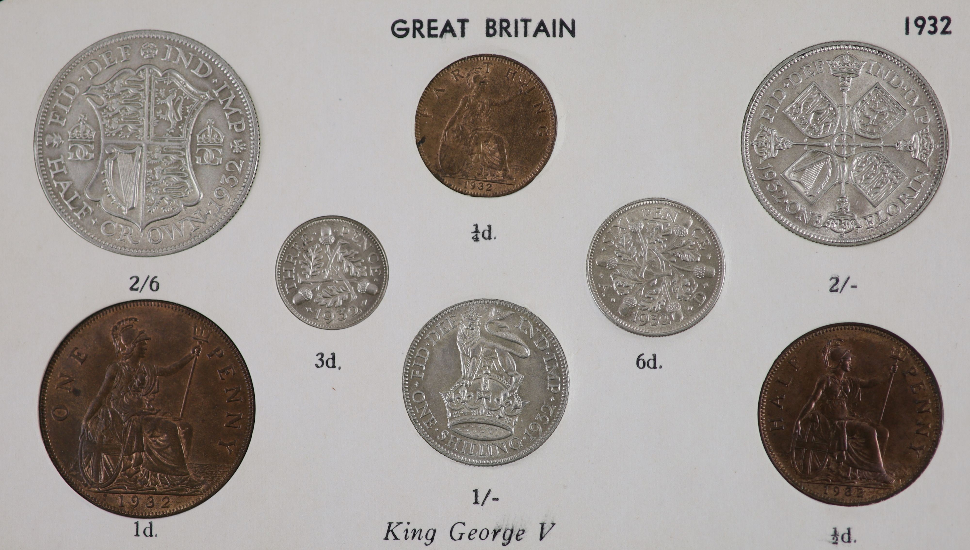 A George V specimen set of nine coins, 1932, fourth coinage, comprising Crown, (S4036), cleaned - Image 3 of 6