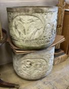 A pair of reconstituted stone circular garden planters, diameter 54cm, height 42cm