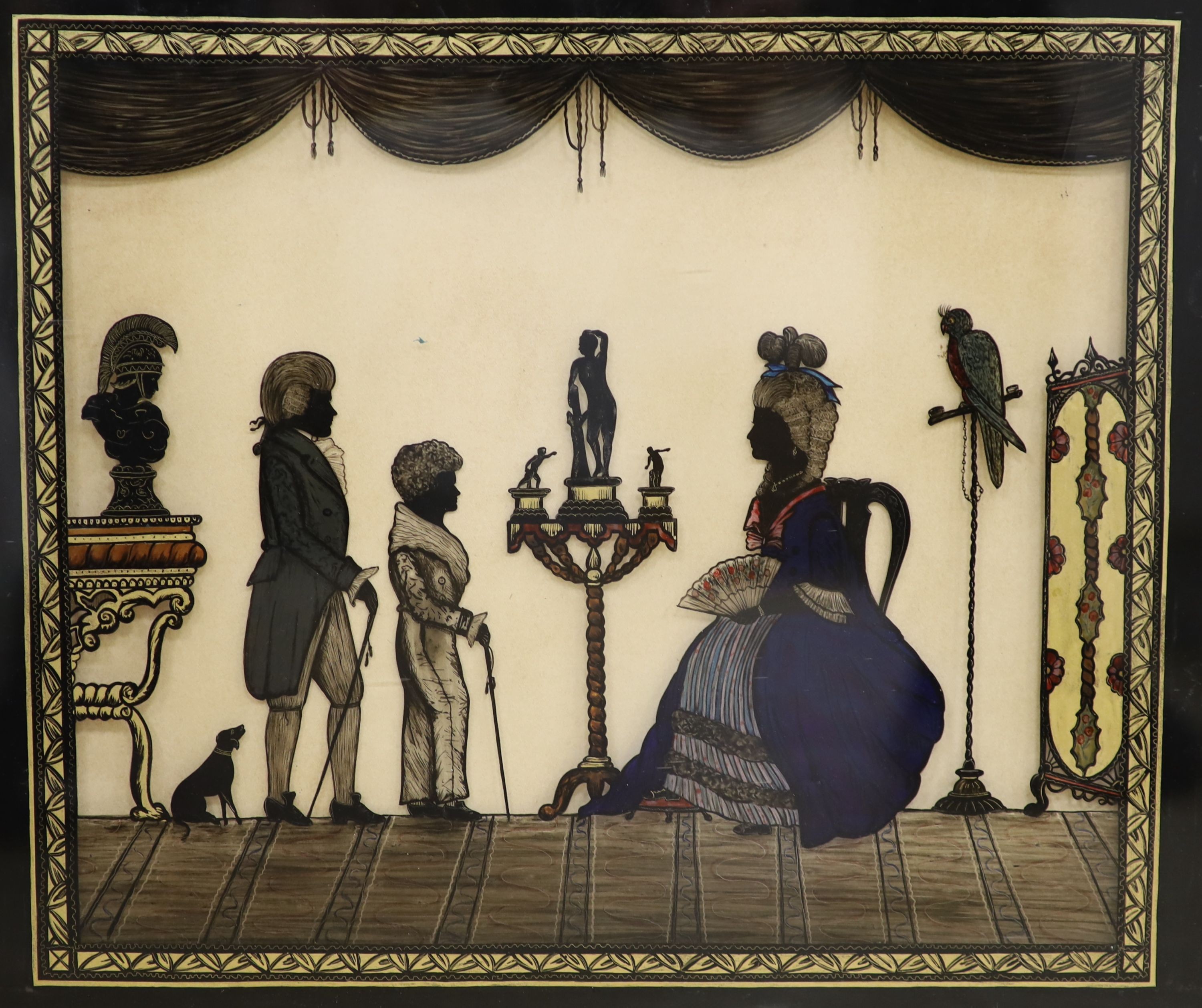 An 18th century style reverse painted glass silhouette, Figures in a drawing room, 31 x 36cm