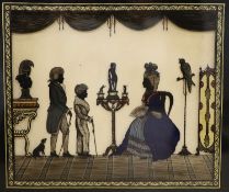 An 18th century style reverse painted glass silhouette, Figures in a drawing room, 31 x 36cm