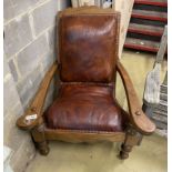 A leather upholstered hardwood plantation chair, width 91cm, depth 94cm, height 106cm