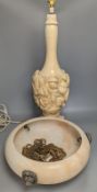 A carved alabaster lamp, height 60cm excl. light fitting, and a turned alabaster plafonnier, 35.5 cm