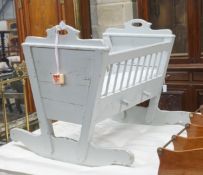 A 19th century Continental painted pine rocking crib, length 94cm width 85cm