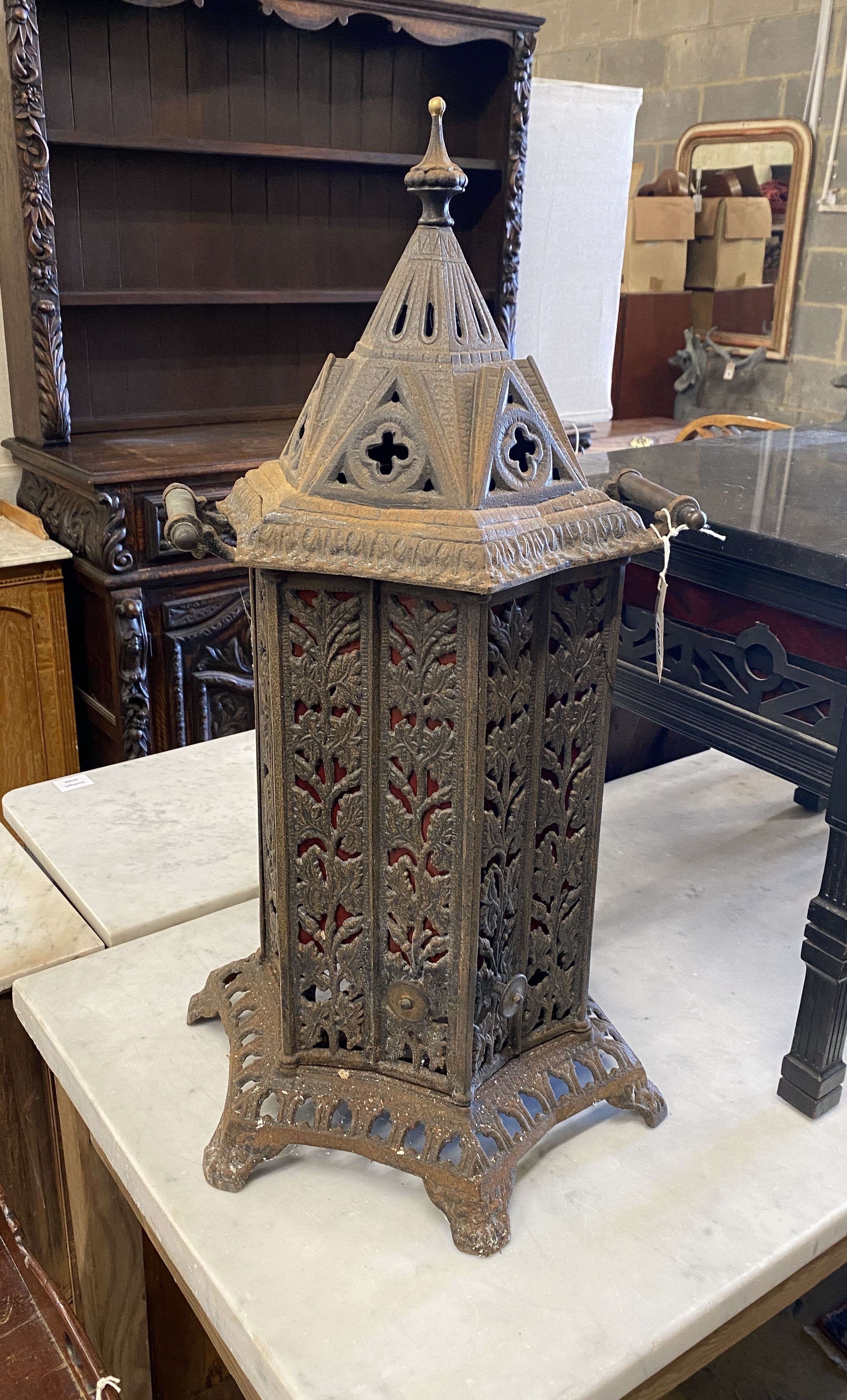 A small Puginesque cast iron conservatory heater, height 76cm