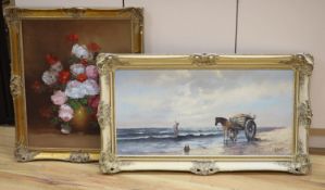 Continental School, oil on canvas, Seaweed gatherer on the shore, indistinctly signed, 38 x 78cm,