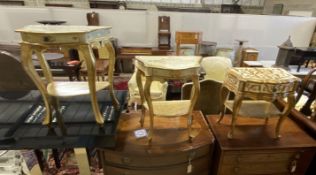 Three Italian gold painted parcel gilt serpentine bedside tables, largest 152cm, depth 32cm,