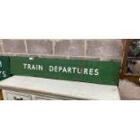 A vintage British Rail rectangular train departures green and white enamel sign, width 170cm, height