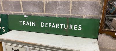 A vintage British Rail rectangular train departures green and white enamel sign, width 170cm, height