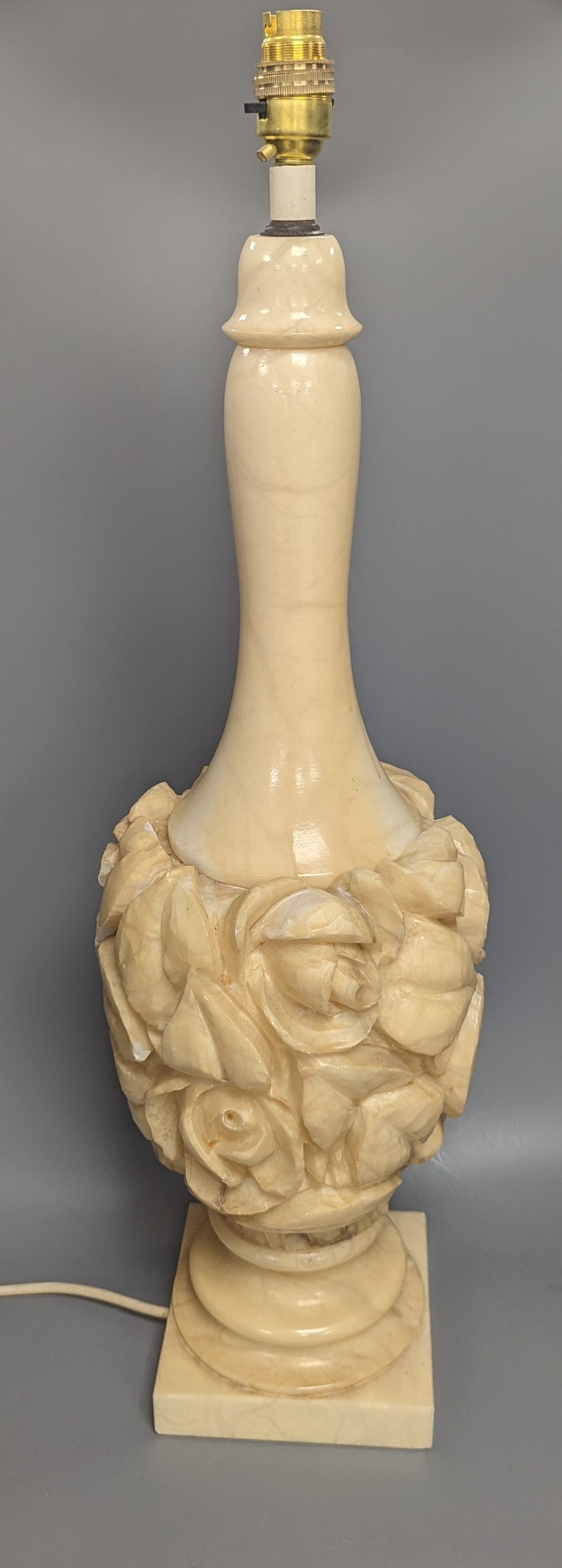 A carved alabaster lamp, height 60cm excl. light fitting, and a turned alabaster plafonnier, 35.5 cm - Image 2 of 3