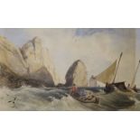 William Oxby Beverley (1811-1889), watercolour, Boats by the rocks, signed verso 14x23cm