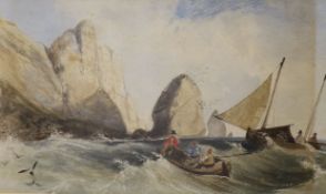 William Oxby Beverley (1811-1889), watercolour, Boats by the rocks, signed verso 14x23cm