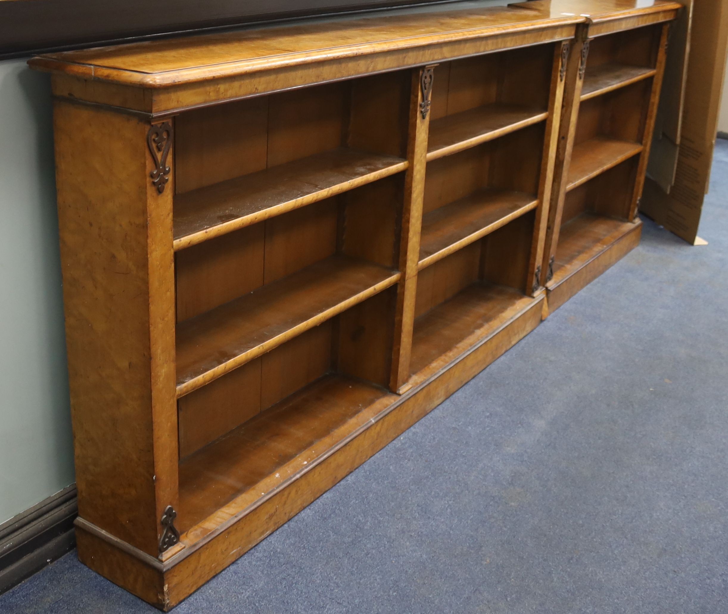 A Victorian two sectional (converted) bird's eye maple open bookcase, length 268cm, depth 27cm, - Image 4 of 4