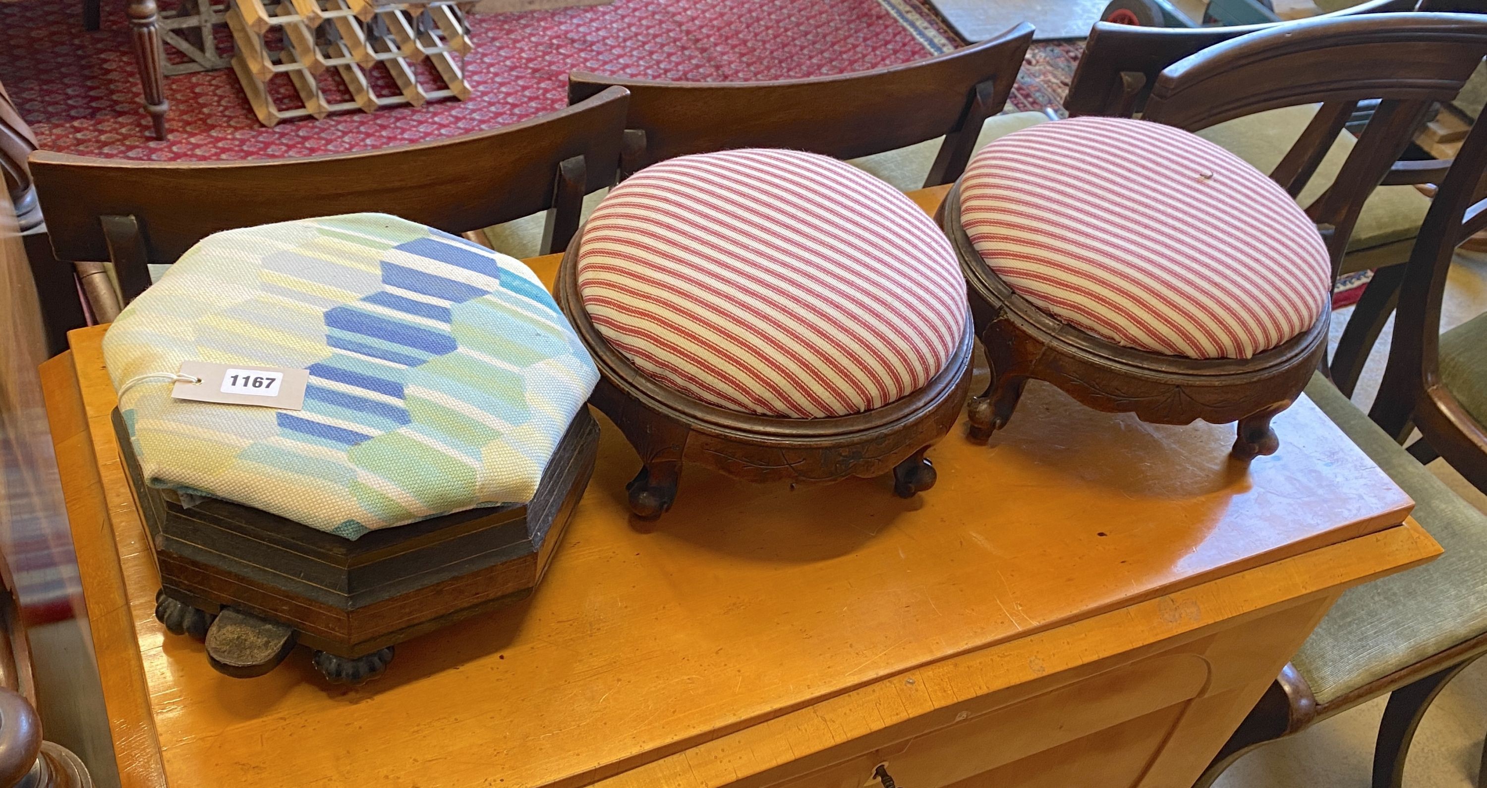 A Victorian octagonal footstool / spitoon together with a pair of Victorian circular mahogany