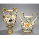 Two early 20th century Cantagalli maiolica two handled vases, tallest 23cm