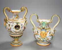 Two early 20th century Cantagalli maiolica two handled vases, tallest 23cm