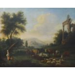 Early 19th century Continental School, oil on canvas, Cattle drover and shepherdess at rest in a