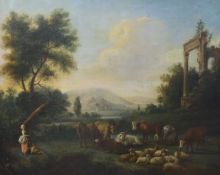 Early 19th century Continental School, oil on canvas, Cattle drover and shepherdess at rest in a