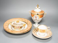 Regency porcelains - a Spode pot pourri, pair of plates, armorial cream pail and cover and a