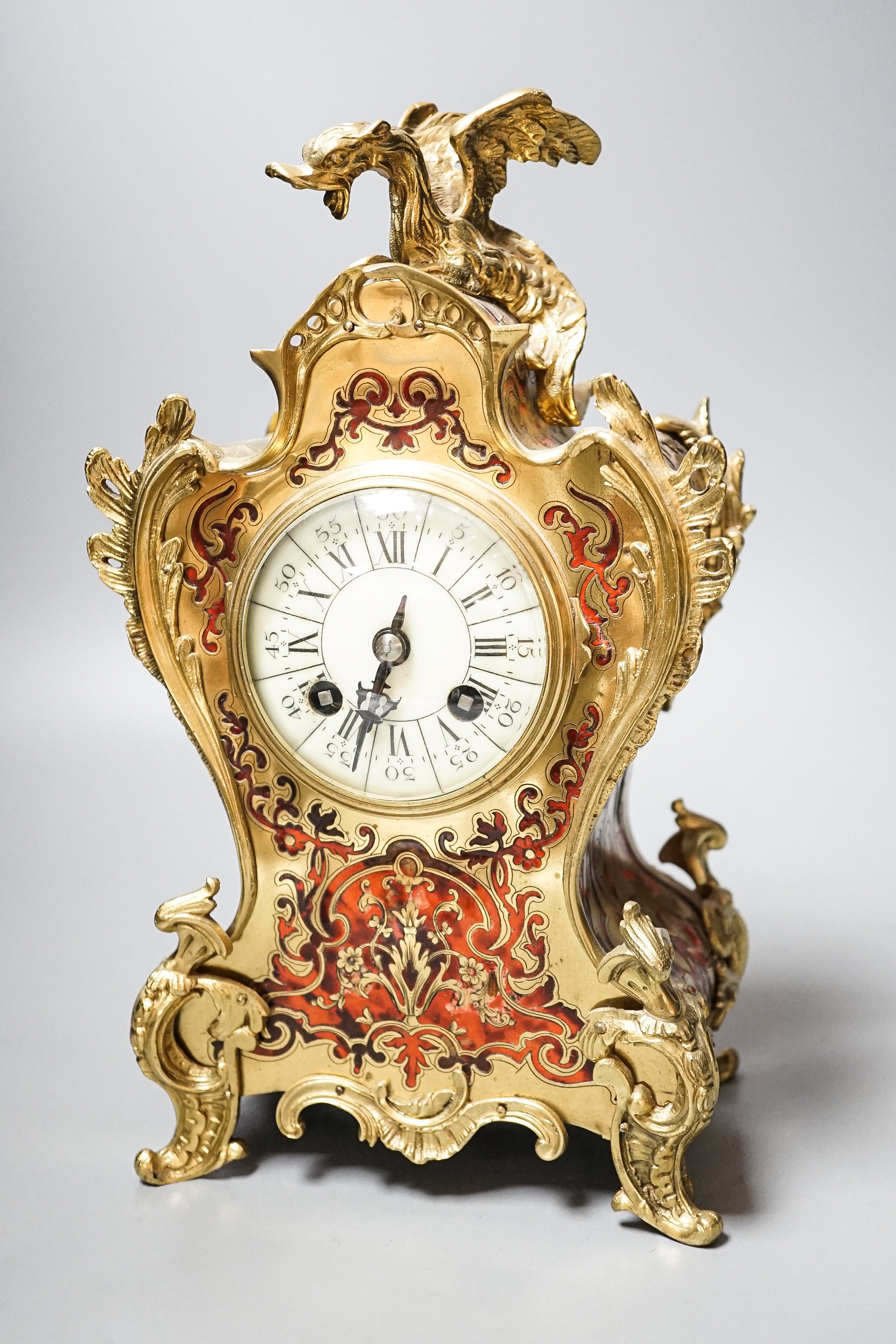A 19th century French scarlet boulle work 8 day mantel clock 30cm