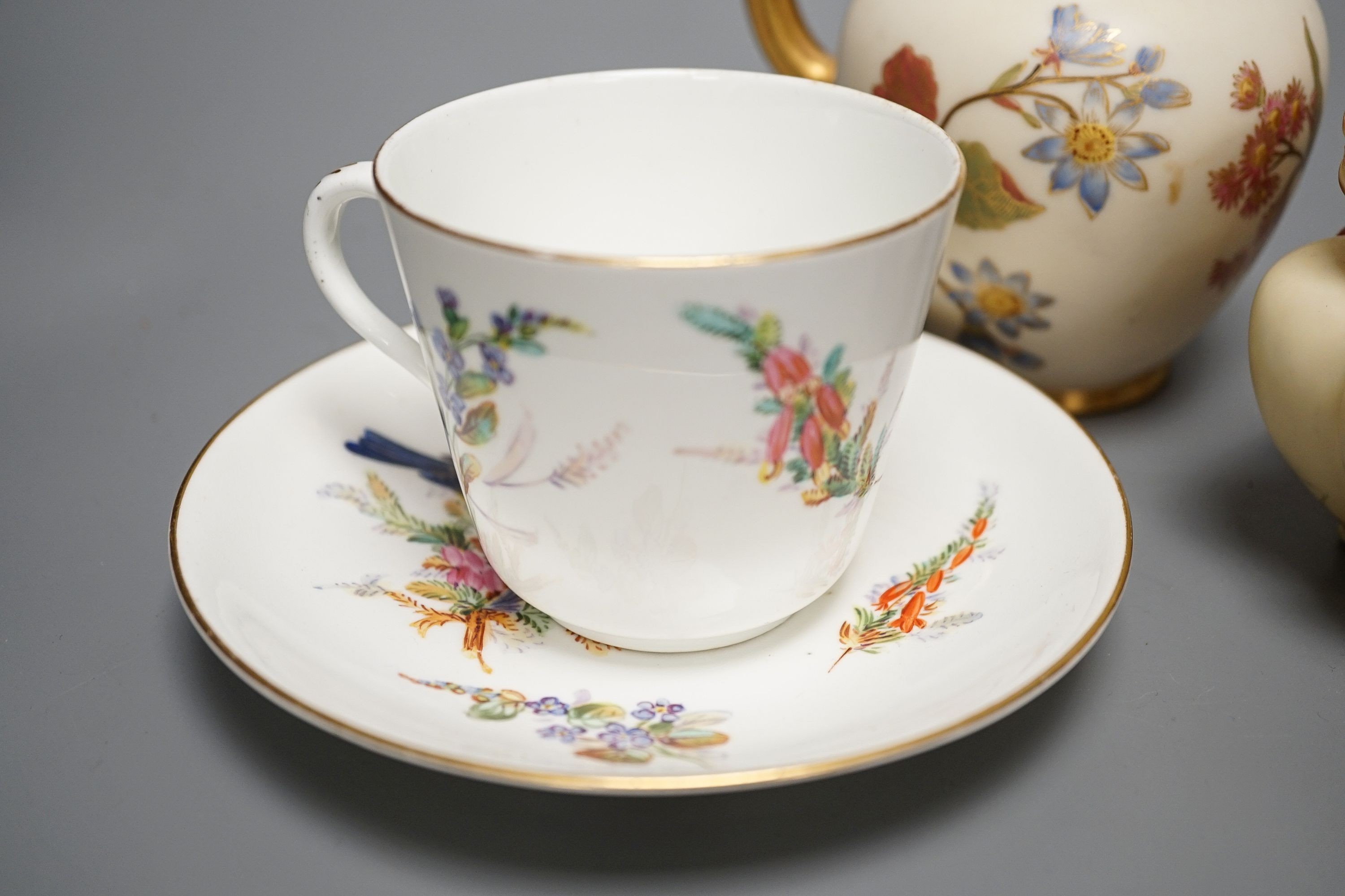 A Worcester bird painted cup and saucer, a blush ivory jug and pot and an ivory jug - Image 2 of 13