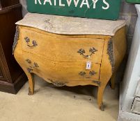 A Louis XVI style bird's eye maple marble top bombe commode, width 106cm, depth 48cm, height 87cm