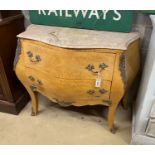 A Louis XVI style bird's eye maple marble top bombe commode, width 106cm, depth 48cm, height 87cm